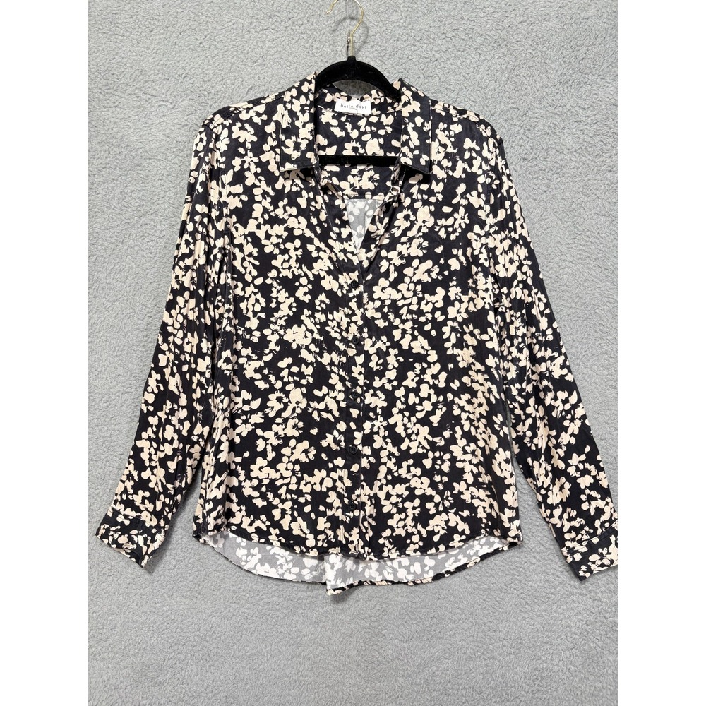 Bella Dahl Long Sleeve Large Black Cream Floral V-Neck Button Up Blouse Top
